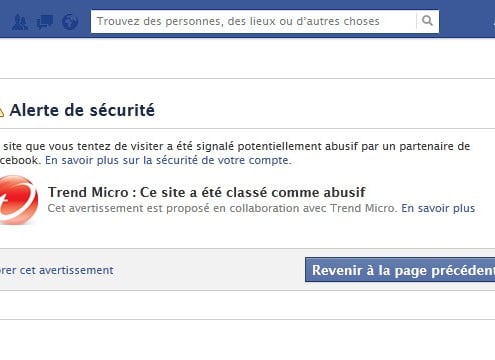 Alerte de sécurité trend micro sur facebook