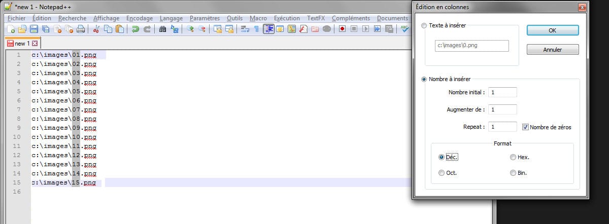 Incrémental nombre notepad++